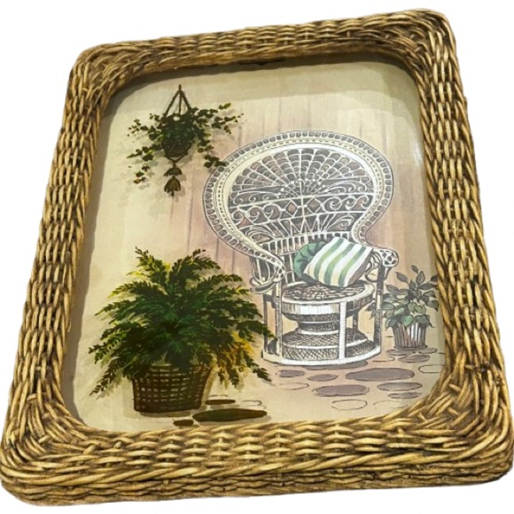 Vintage MCM 3D Peacock Chair Fern Print Rattan Frame Boho Cottagecore Wall Decor - Picture 4 of 11
